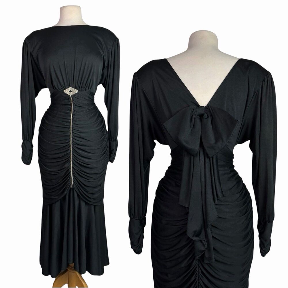 VTG 80s Claralura Originals Black Ruched Rhinestone Batwing Dress Slinky Medium